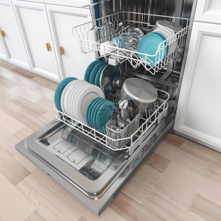 Open  dishwasher  with clean dishes inside in kitchen. 3d illustration