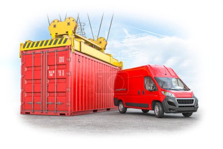 Photo for Delivery, shiiping and logistic concept. Red container and delivery van. 3d illustration - Royalty Free Image