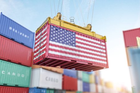 Photo for Cargo shipping container with USA United States flag in a port harbor. Production, delivery, shipping and freight transportation of american products concept. 3d illustration - Royalty Free Image