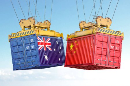 Photo for Australia China dtrade war. Cargo shipping contaners with flags of Australia and China. 3d illustration - Royalty Free Image