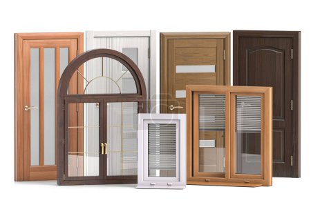 Fenster und Türen verschiedener Art isoliert auf weiß. 3D-Illustration
