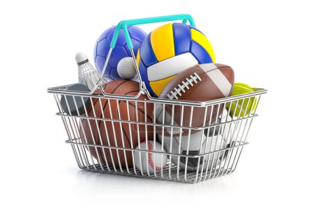 Photo for Shopping basket with different sport balls. Buying and sliing, e-commerce of sport accesoires concept. 3d illustration - Royalty Free Image