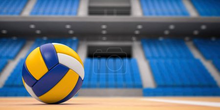 Photo for Volleyball ball and net in voleyball arena during a match. 3d illustration - Royalty Free Image