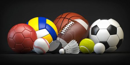 Photo for Different sport balls and equipment. Soccer, ffotball, basketball, handball rugby and volleyball balls, hockey puck and badminton shuttlecock on black background. 3d illustration - Royalty Free Image