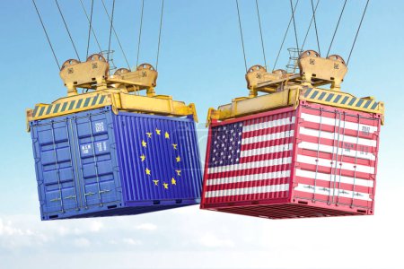 Die Europäische Union und die USA führen einen Handelskrieg. Frachtschiffe mit Flaggen der EU und der Vereinigten Staaten. 3D-Illustration