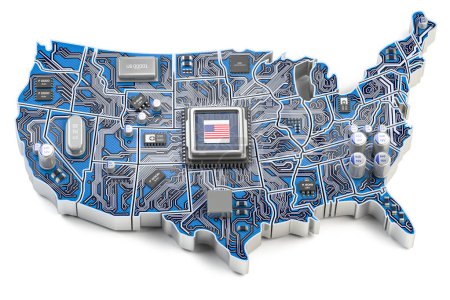 Foto de Industria de semiconductores de Estados Unidos, fabricación de chips de computadora e inteligencia artificial. Placa base con procesador de CPU en forma de mapa de Estados Unidos. ilustración 3d - Imagen libre de derechos