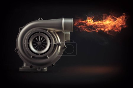 Turbolader mit Feuerflammen. 3D-Illustration