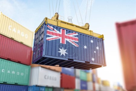 Photo for Cargo shipping container with Australian flag in a port harbor. Production, delivery, shipping and freight transportation of Australia concept. 3d illustration - Royalty Free Image