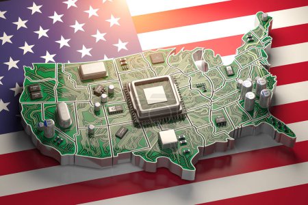 Photo for USA semiconductor industry, computer chips manufacturing  and artificial intelligenceconcept. Motherboard with CPU processor in form of map of United States. 3d illustration - Royalty Free Image