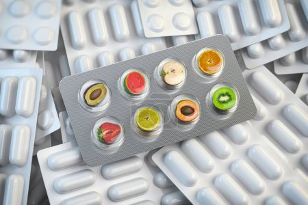 Photo for Multivitamins and dietary natural supplements for a healthy diet. Fruits in pills on blister pack. 3d illustration - Royalty Free Image