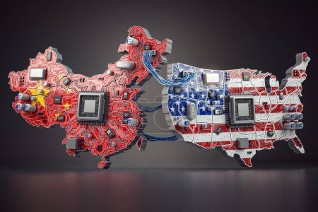 Foto de Semiconductor chip war between USA and China concept (en inglés). chips de ordenador en de China y EE.UU. mapa en colores de banderas. ilustración 3d - Imagen libre de derechos
