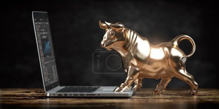 Mercado de toros. Toro dorado delante de la computadora portátil con gráficos de stock. Concepto de inversión financiera y comercio. ilustración 3d