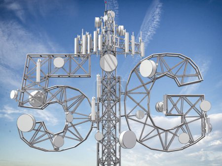 Foto de Torre de telecomunicaciones 5G. Antena transmisores de radio de celular 5G. ilustración 3d - Imagen libre de derechos