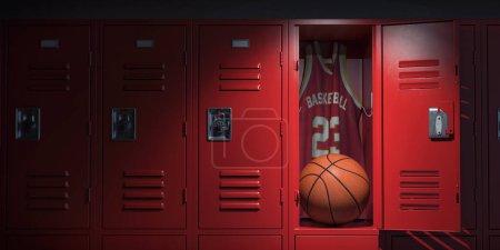 Basketball-Umkleidekabine mit Scheinwerfer auf den Basketballball und das Trikot im offenen Umkleideraum. 3D-Illustration