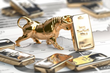 lingote de oro y toro en gráfico. Tendencia del mercado del oro. ilustración 3d
