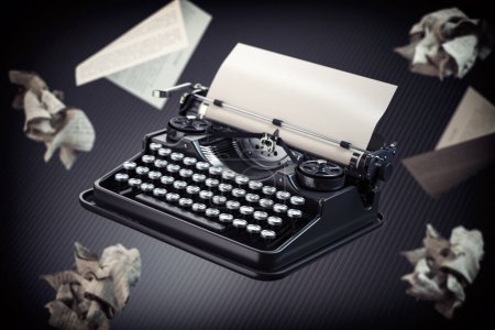 Vintage-Schreibmaschine und Papierbögen. Kreativität und Inspiration Konzept. 3D-Illustration