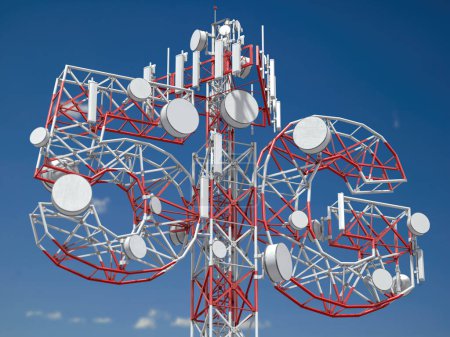 Téléchargez les photos : Tour de télécommunication 5G. Émetteurs radio d'antenne de la 5G cellulaire. Illustration 3d - en image libre de droit