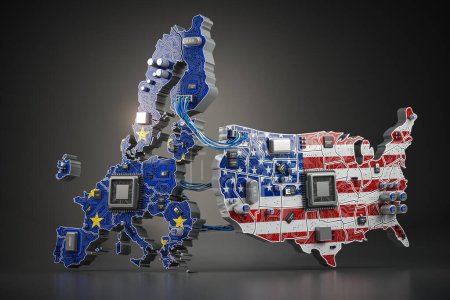 Foto de Cooperación entre los Estados Unidos y el concepto de la Unión Europea. chips de ordenador en forma de mapa de la UE y EE.UU. en colores de banderas. ilustración 3d - Imagen libre de derechos