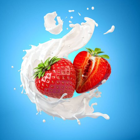 Foto de Fresa en un chorrito de leche, crema o yogur. ilustración 3d - Imagen libre de derechos