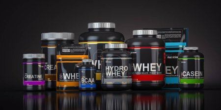 Photo for Sports nutrition supplements for bodybuilding. Whey protein casein, bcaa, creatine on black background. 3d illustration - Royalty Free Image