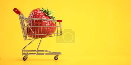Photo for Strawberry in a shopping cart on yellow backgound Buying grocery and fruit,  sex shop concept. 3d illustration - Royalty Free Image