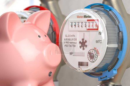 Water meter with piggy bank. Water consumption, cost of utilities and payment for water concept. 3d illustration