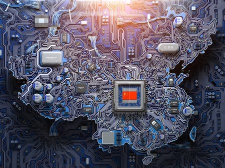 Photo for China semiconductor industry, computer chips manufacturing  and artificial intelligence concept. Motherboard with CPU processor in form of map of China. 3d illustration - Royalty Free Image