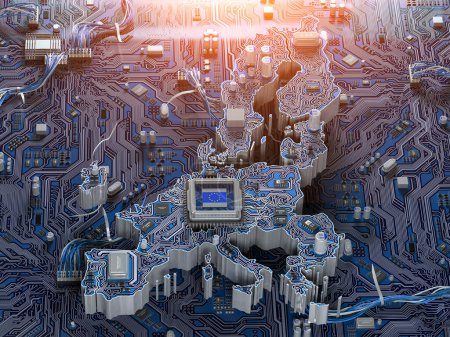 Photo for EU semiconductor industry, computer chips manufacturing  and artificial intelligenceconcept. Motherboard with CPU processor in form of map of European Union. 3d illustration - Royalty Free Image