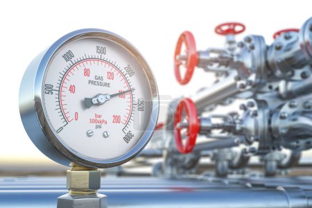 Foto de Medidores de presión de gas en gasoducto. Concepto de extracción, producción, entrega y suministro de gas. ilustración 3d - Imagen libre de derechos