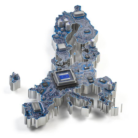 Foto de Industria de semiconductores de la UE, fabricación de chips informáticos y concepción de la inteligencia artificial. Placa base con procesador de CPU en forma de mapa de la Unión Europea. ilustración 3d - Imagen libre de derechos