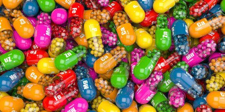 Téléchargez les photos : Pile de diverses capsules vitaminiques. Compléments alimentaires et nutritionnels pour une alimentation saine. Illustration 3d - en image libre de droit