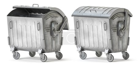 Téléchargez les photos : Contaneur de déchets métalliques ou poubelle isolée sur blanc. Illustration 3d - en image libre de droit