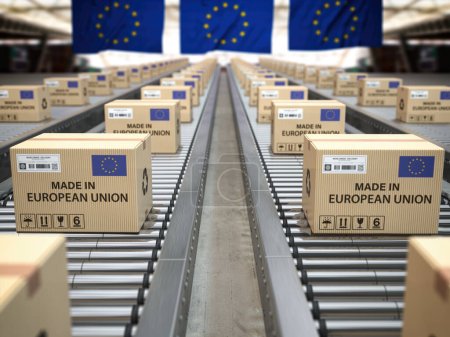 Foto de Hecho en la Unión Europea. Cajas de cartón con texto hecho en la Unión Europea y bandera de la UE en el transportador de rodillos. ilustración 3d - Imagen libre de derechos