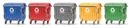 Photo for Garbage containers with separated garbage. Trash bins for plastic, glass, paper and organic. Segregate waste and garbage recycling concept.3d illustration - Royalty Free Image