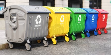 Photo for Garbage containers with separated garbage on a street. Trash bins for plastic, glass, paper and organic. Segregate waste and garbage recycling concept.3d illustration - Royalty Free Image