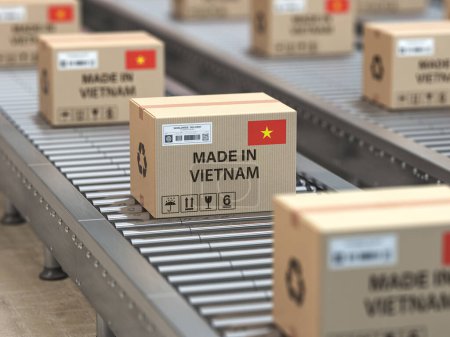 Photo for Made in Vietnam. Cardboard boxes with text made in Vietnam and  vietnamian flag on the roller conveyor. 3d illustration - Royalty Free Image