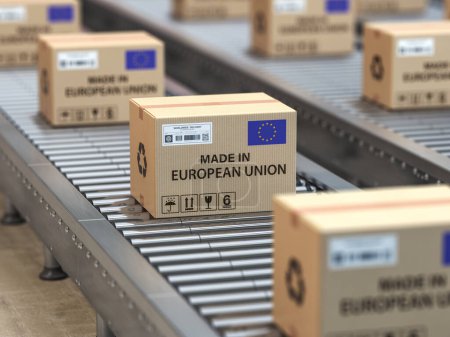 Téléchargez les photos : Fabriqué dans l'Union européenne. Boîtes en carton avec du texte fabriqué dans l'Union européenne et drapeau de l'UE sur le convoyeur à rouleaux. Illustration 3d - en image libre de droit