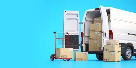 Photo for Fast espress delivery concept. Rear view of delivery van with cardboard boxes on blue background. 3d illustration - Royalty Free Image