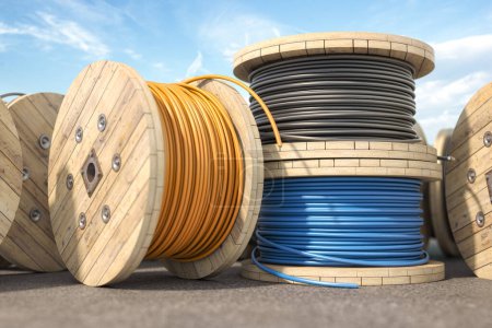 Téléchargez les photos : Câble électrique fil de différentes couleurs sur bobine en bois ou bobine en entrepôt. Illustration 3d - en image libre de droit