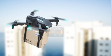 Photo for Flying delivery drone  with cardboard box. Express delivery concept.  3d illustration - Royalty Free Image