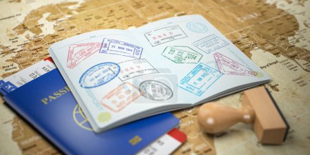Téléchargez les photos : Passeport ouvert avec timbres visa avec billets d'avion sur la carte du monde. Concept de voyage ou de tourisme. Illustration 3d - en image libre de droit