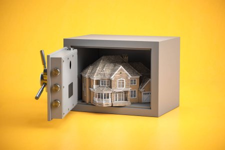 Photo for House in opened vault safe. Home safety or investment and savings cconcept. 3d illustration - Royalty Free Image
