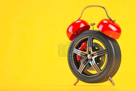 Photo for Time to change car tires or wheels. Car wheel  in the form of  alarm clock on gyellow background. 3d illustration - Royalty Free Image