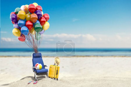 Téléchargez les photos : Siège d'avion avec ballons et valise sur une plage. Voyage, tourisme, voyage et vol d'avion à l'océan ou la côte de la mer concept. Illustration 3d - en image libre de droit