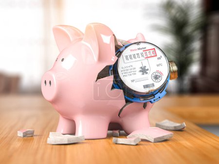 Photo for Water meter with piggy bank. Water consumption, cost of utilities and payment for water concept. 3d illustration - Royalty Free Image