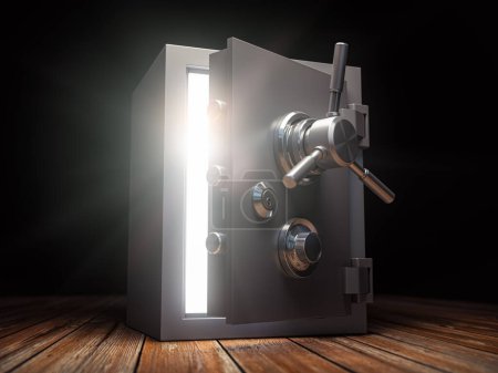 Photo for Bank safe. Ray of light shining through an opened safe box. 3d illustration - Royalty Free Image