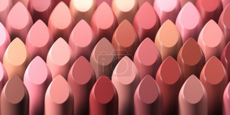 Foto de Lápices labiales de diferentes colores en fila. Inventar fondo concepto de belleza. ilustración 3d - Imagen libre de derechos