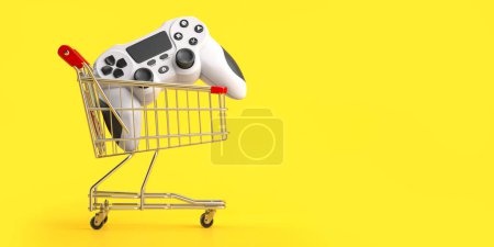 Foto de Joystick juego conroller en un carrito de compras sobre fondo amarillo. Comprar concepto de videojuegos en línea. ilustración 3d - Imagen libre de derechos