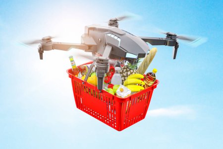 Foto de Entrega dron con cesta de la compra llena de productos alimenticios de la tienda de comestibles en el fondo de la ciudad.. 3d ilustración - Imagen libre de derechos