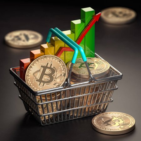 Photo for Growth of bitcoin BTC price concept. Shopping basket full of bitcoin coins  with chart. 3d illustration - Royalty Free Image